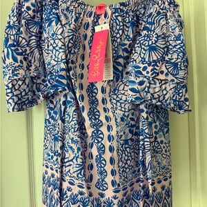 *NWT* Lilly Pulitzer Frankee Off the Shoulder Blue and Pale Pink Top